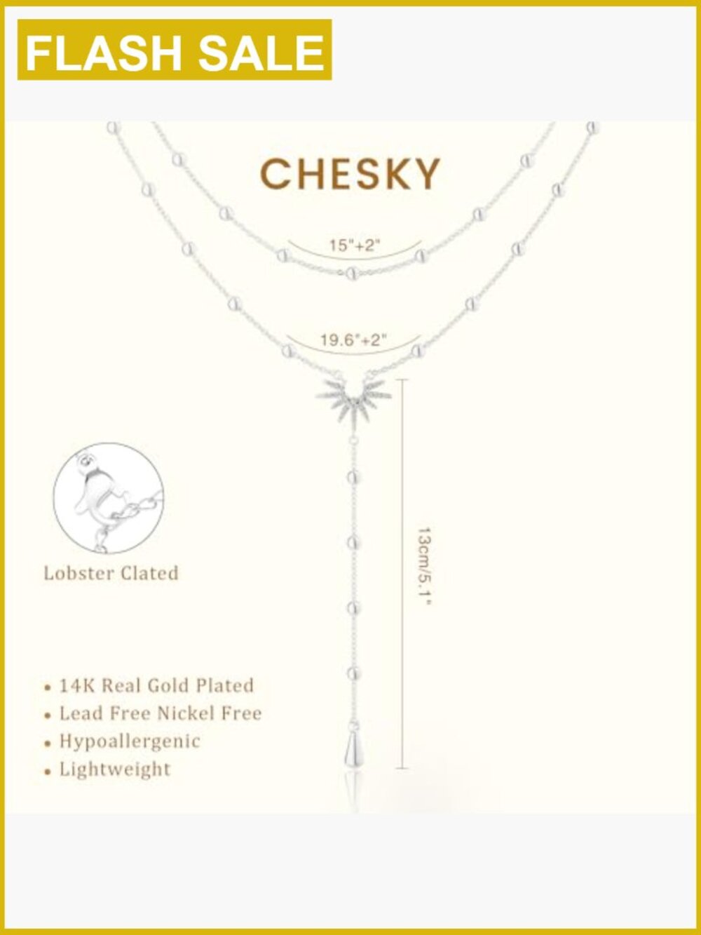Dainty Y-Shaped Sun Pendant Lariat Necklace, 14k Gold Plated - Picture 5 of 7